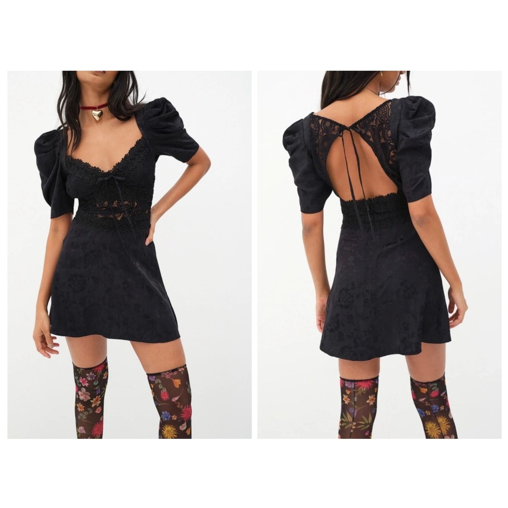 For Love & Lemons NWT Black Lace Jacquard Mini Dress Puff Sleeve CD3172-FA23